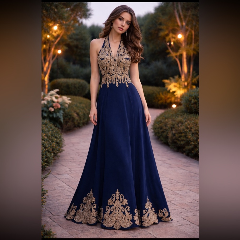 Jovani Navy and Gold Embroidered Halter Prom Gown